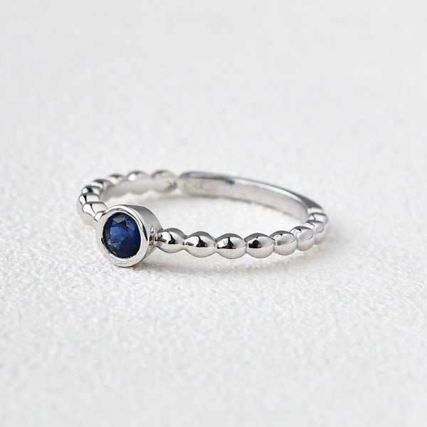 Round Blue Sapphire Bead Gold Ring - Side