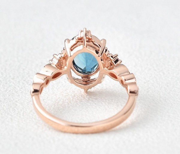 Oval Shaped Blue Topaz Antique Art Deco Ring - Rose - Back