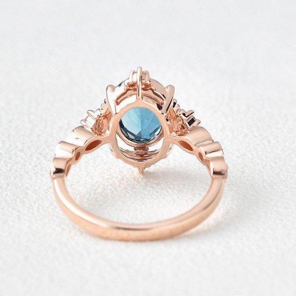 Oval Shaped Blue Topaz Antique Art Deco Ring - Rose - Back