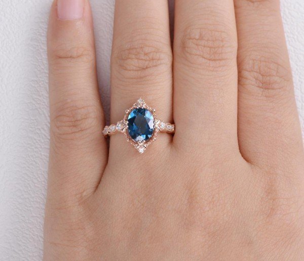 Oval Shaped Blue Topaz Antique Art Deco Ring - Rose - Finger