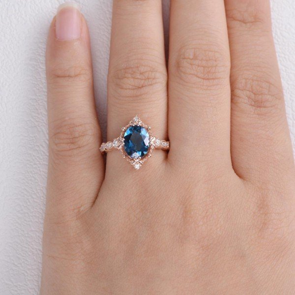 Oval Shaped Blue Topaz Antique Art Deco Ring - Rose - Finger