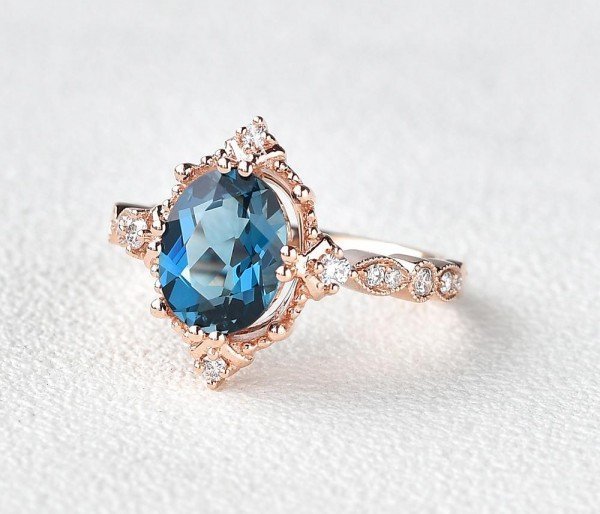 Oval Shaped Blue Topaz Antique Art Deco Ring - Rose - Side