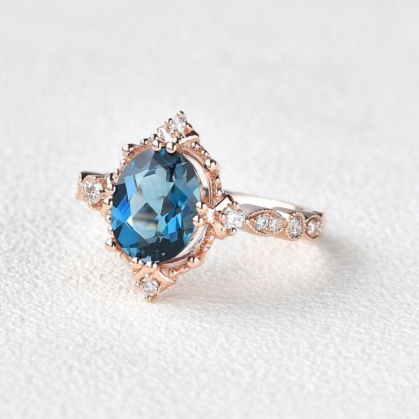 Oval Shaped Blue Topaz Antique Art Deco Ring - Rose - Side