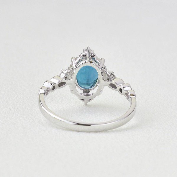 Oval Shaped Blue Topaz Antique Art Deco Ring - White - Back