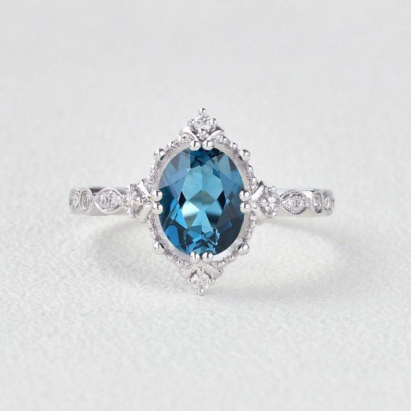 Oval Shaped Blue Topaz Antique Art Deco Ring - White - Front