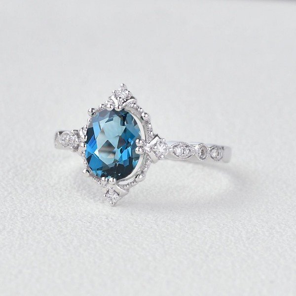 Oval Shaped Blue Topaz Antique Art Deco Ring - White - Side