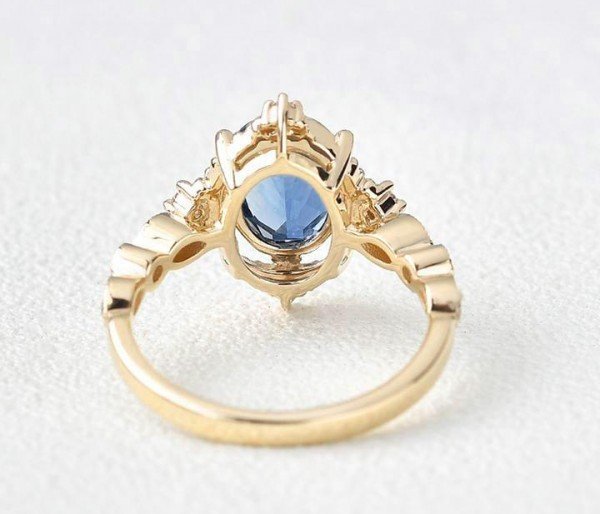 Oval Shaped Blue Topaz Antique Art Deco Ring - Yellow - Back