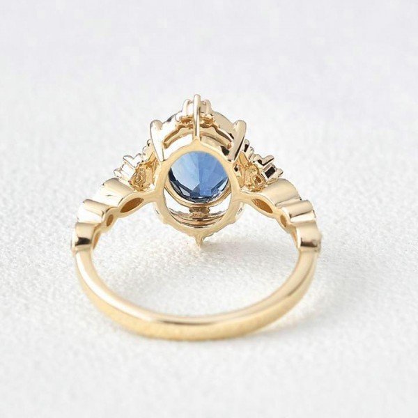 Oval Shaped Blue Topaz Antique Art Deco Ring - Yellow - Back