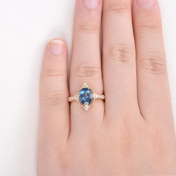 Oval Shaped Blue Topaz Antique Art Deco Ring - Yellow - Finger