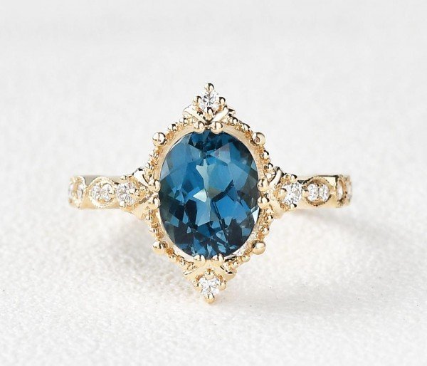 Oval Shaped Blue Topaz Antique Art Deco Ring - Yellow - Front