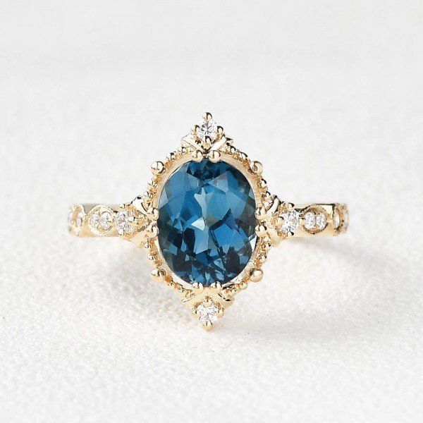 Oval Shaped Blue Topaz Antique Art Deco Ring - Yellow - Front