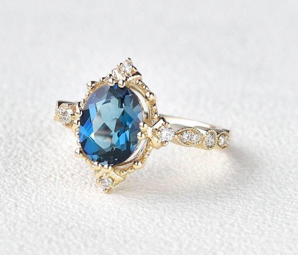 Oval Shaped Blue Topaz Antique Art Deco Ring - Yellow - Side