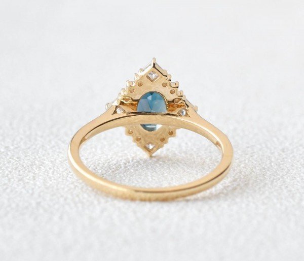 Oval Blue Topaz Vintage Halo Ring - Back