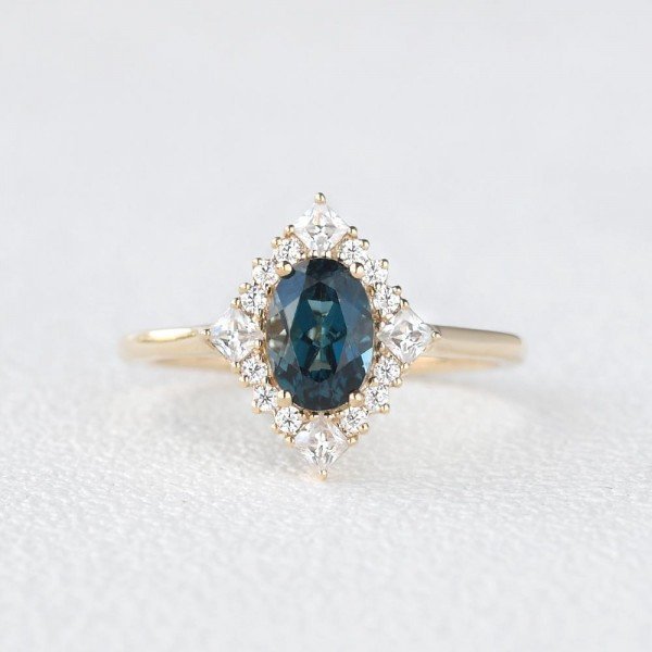 Oval Blue Topaz Vintage Halo Ring - Front