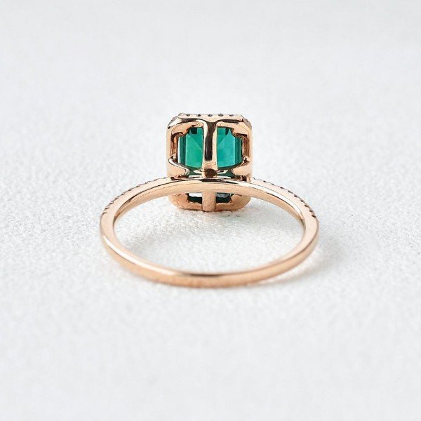 Emerald Cut Green Emerald Vintage Halo Ring - Back