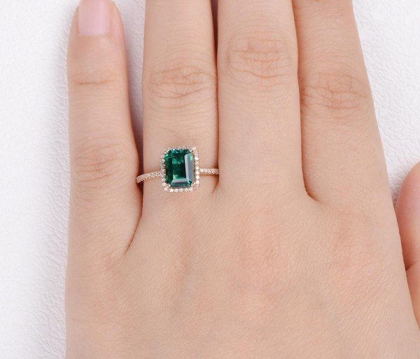 Emerald Cut Green Emerald Vintage Halo Ring - Finger