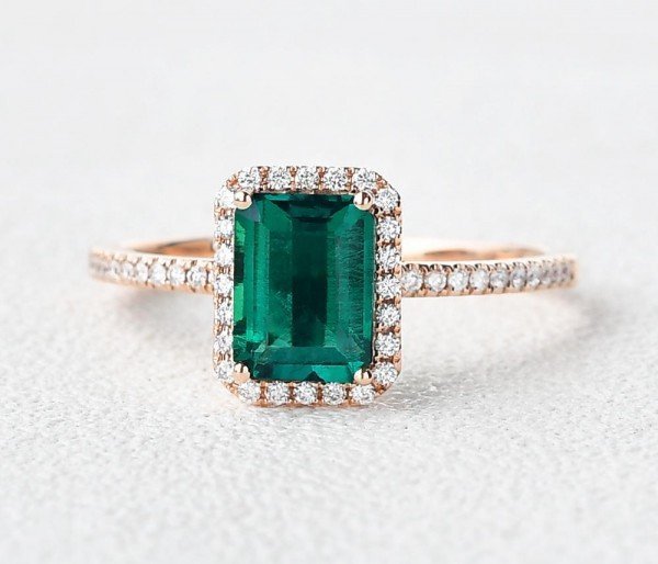 Emerald Cut Green Emerald Vintage Halo Ring - Front