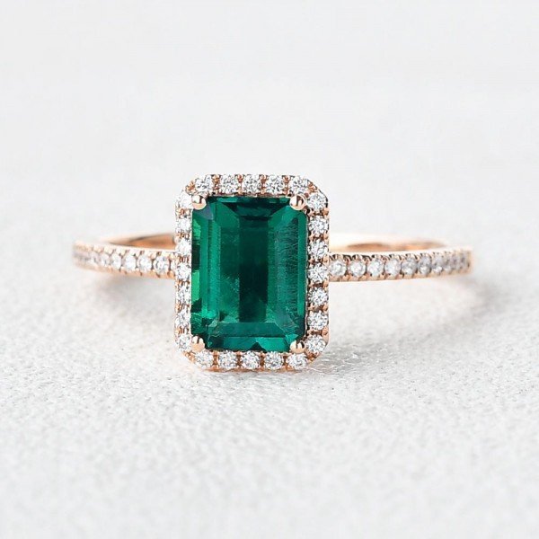 Emerald Cut Green Emerald Vintage Halo Ring - Front