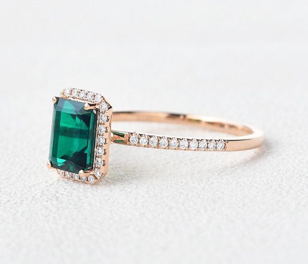 Emerald Cut Green Emerald Vintage Halo Ring - Side