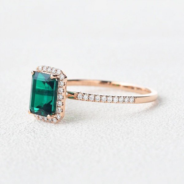 Emerald Cut Green Emerald Vintage Halo Ring - Side