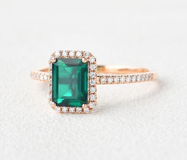 Emerald Cut Green Emerald Vintage Halo Ring - Side - Angle