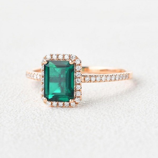 Emerald Cut Green Emerald Vintage Halo Ring - Side - Angle