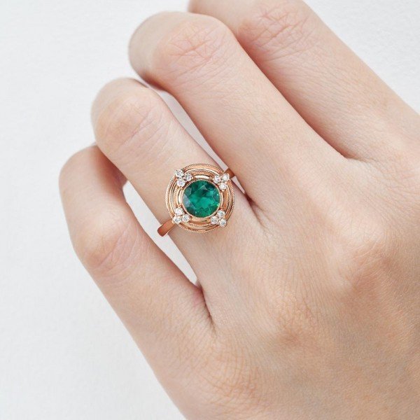 Round Green Emerald Antique Beaded Ring - Finger