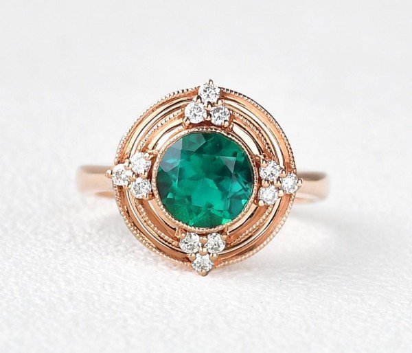Round Green Emerald Antique Beaded Ring - Front