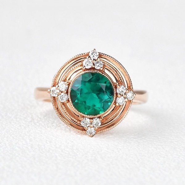 Round Green Emerald Antique Beaded Ring - Front