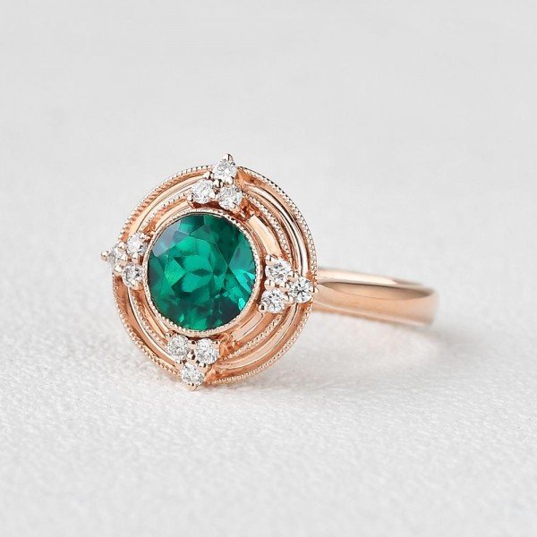 Round Green Emerald Antique Beaded Ring - Side