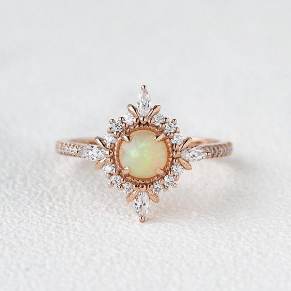 Round Opal Antique Cathedral Ring - Rose - Front