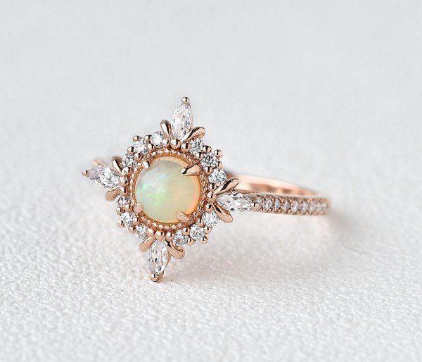 Round Opal Antique Cathedral Ring - Rose - Side