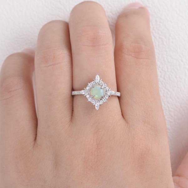 Round Opal Antique Cathedral Ring - White - Finger