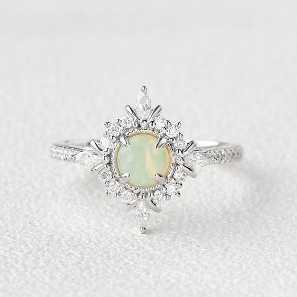 Round Opal Antique Cathedral Ring - White - Front