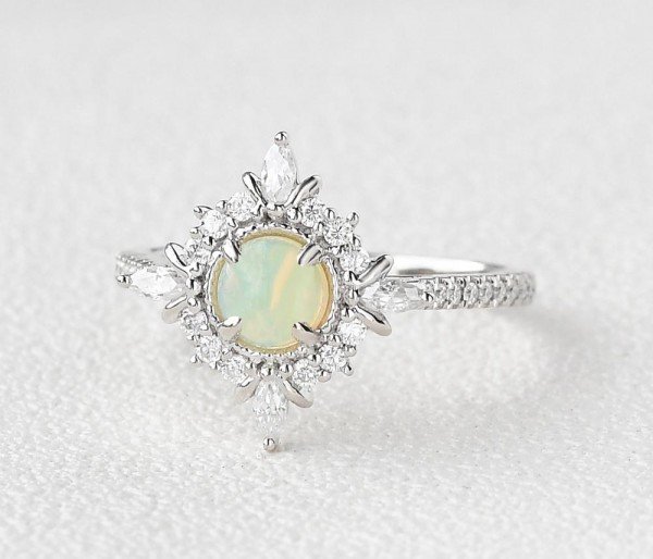 Round Opal Antique Cathedral Ring - White - Side