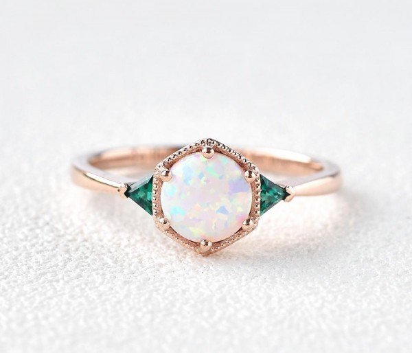 Round Opal Vintage Beaded Ring - Front
