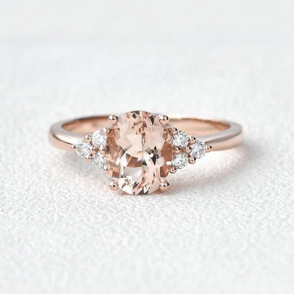 Oval Pink Morganite Moissanite Cluster Ring - Front