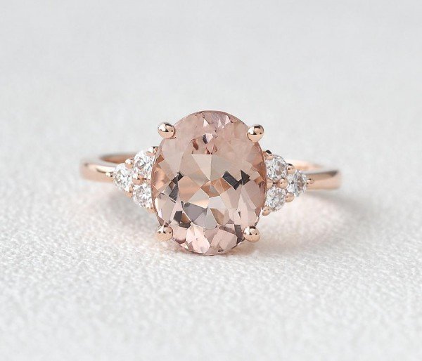 Oval Pink Morganite Moissanite Cluster Ring - Front