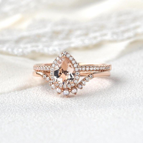 Pear Pink Morganite Halo Ring Set - Front