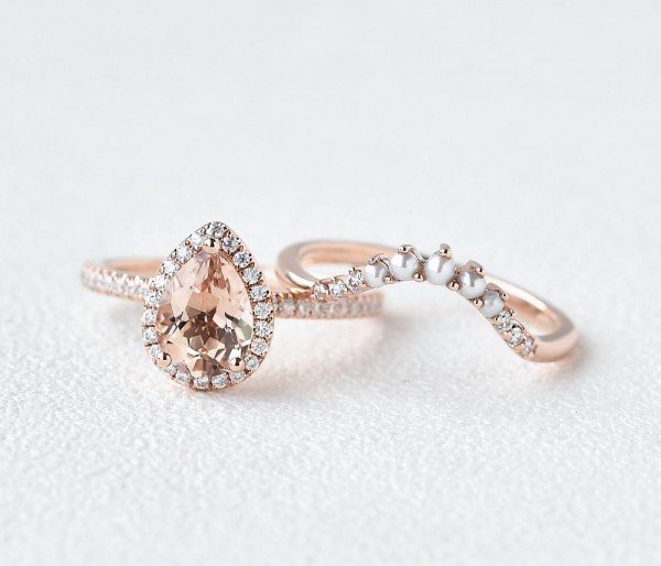 Pear Pink Morganite Halo Ring Set - Front - Seperated