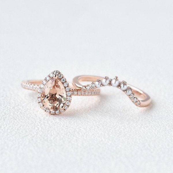 Pear Pink Morganite Halo Ring Set - Front - Seperated