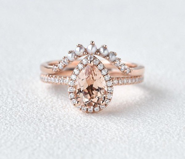 Pear Pink Morganite Halo Ring Set - Front - Style 1