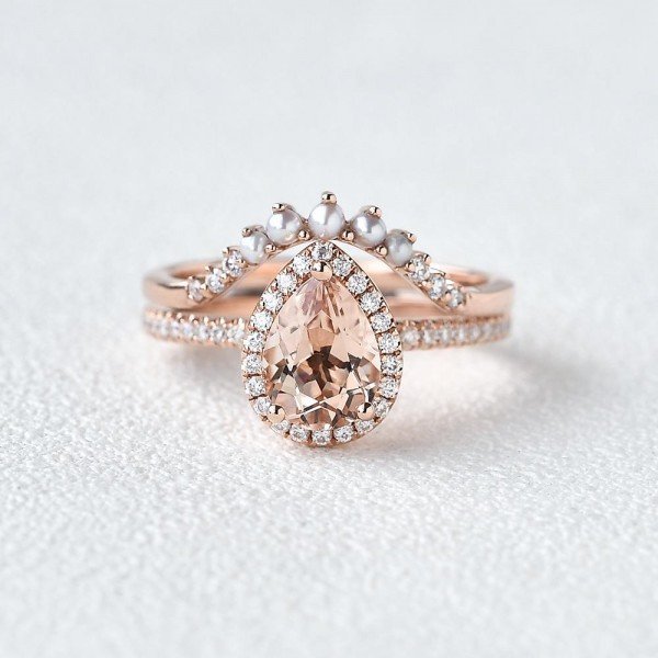 Pear Pink Morganite Halo Ring Set - Front - Style 1