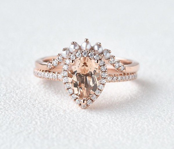 Pear Pink Morganite Halo Ring Set - Front - Style 2