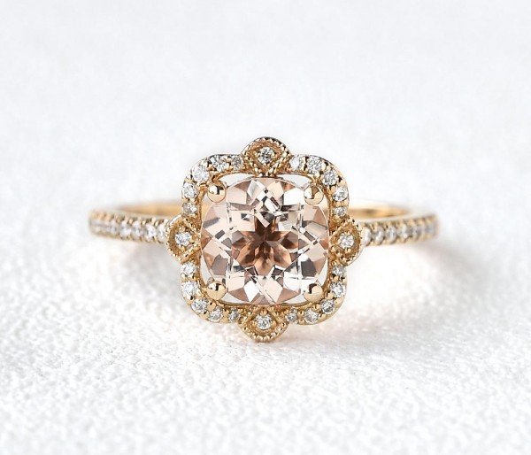Round Pink Morganite Antique Art Deco Ring - Yellow - Front