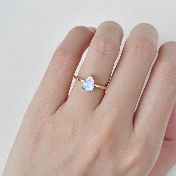Pear Shaped Blue Moonstone Solitaire Ring - Yellow - Finger