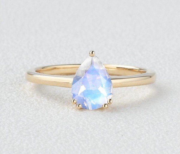 Pear Shaped Blue Moonstone Solitaire Ring - Yellow - Front