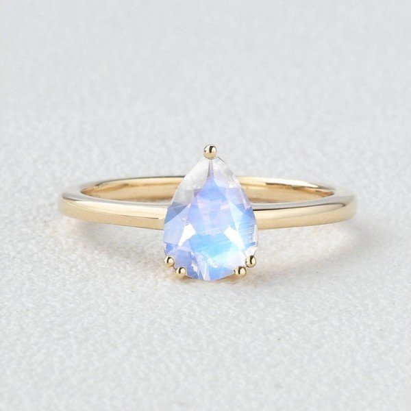 Pear Shaped Blue Moonstone Solitaire Ring - Yellow - Front