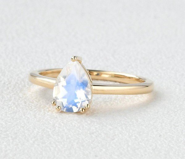Pear Shaped Blue Moonstone Solitaire Ring - Yellow - Side