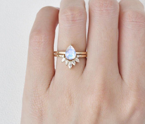 Pear Shaped Blue Moonstone Tribal Solitaire Ring Set - Yellow - Finger